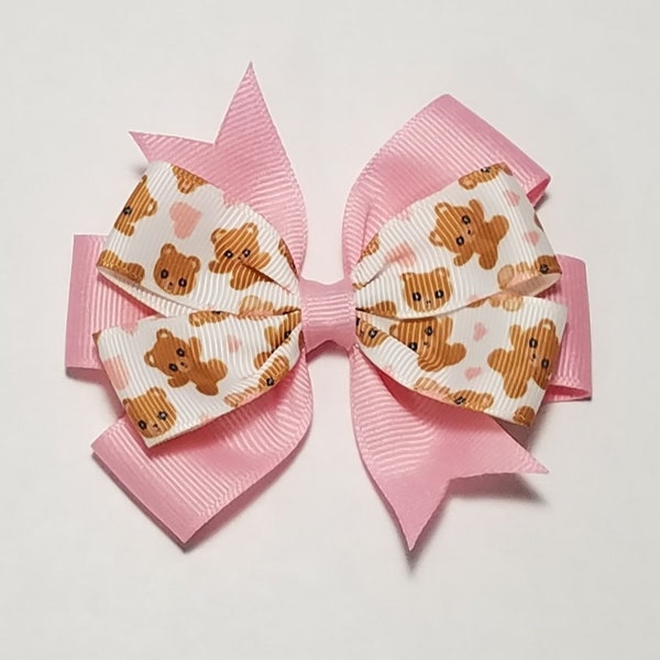 3.5" Teddy Bear Hair Bow *You Choose Solid Bow Color*