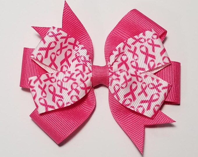 3.5" Pink Breast Cancer Awareness Ribbon Hair Bow *You Choose Solid Bow Color*