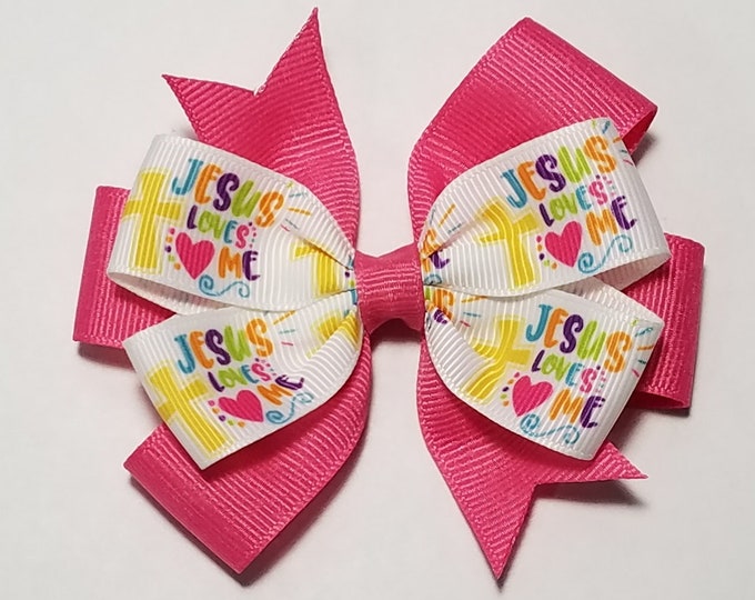 3.5" Jesus Loves Me Hair Bow *You Choose Solid Bow Color*