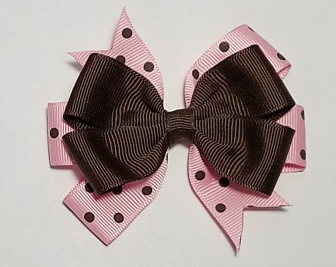 3.5" Pink Brown Polka Dot Hair Bow *You Choose Solid Bow Color*