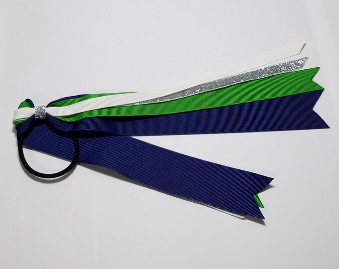 Light Navy, Emerald Green, White, Silver Glitter Ponytail Streamer- 9" (18" total) *CLEARANCE*