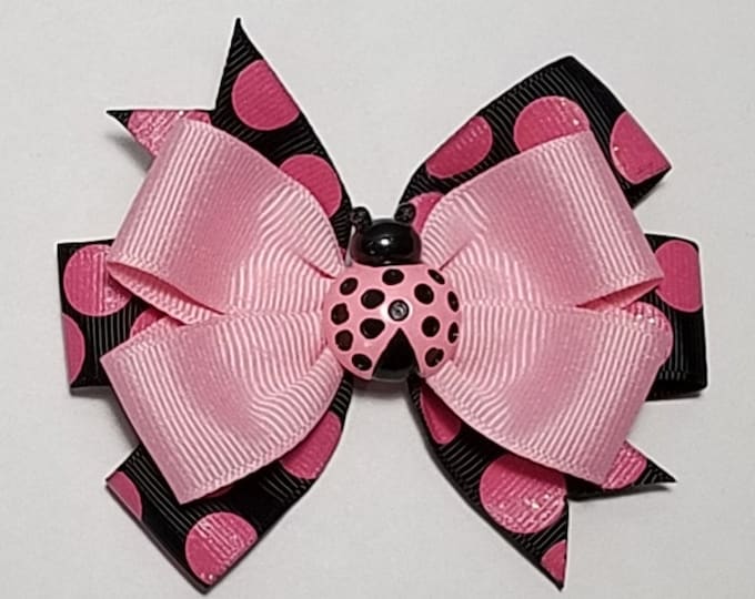 3.5" Pink Ladybug Love Bug Hair Bow *You Choose Solid Bow Color*