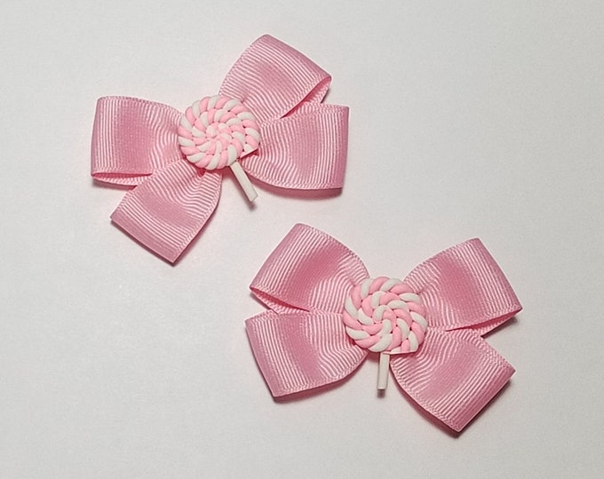 3" Pink Lollipop Pigtail Hair Bow Set *You Choose Solid Bow Color*