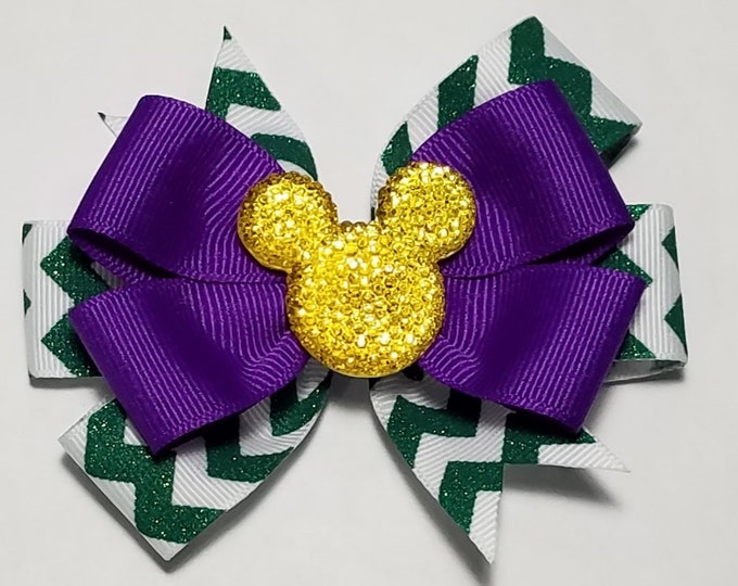 3.5" Mardi Gras Glitter Hair Bow *You Choose Solid Bow Color*