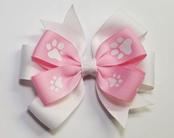 3.5" Pink Paw Print Hair Bow *You Choose Solid Bow Color*