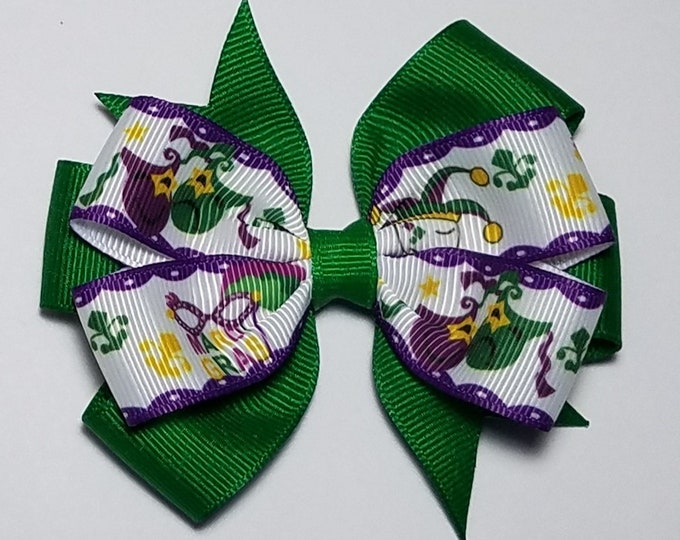 3.5" Mardi Gras Hair Bow *You Choose Solid Bow Color*