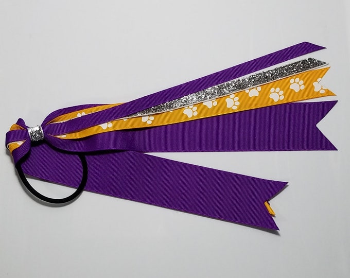 Yellow Gold Paw Print Ponytail Streamer *You Choose Solid Ribbon Color- Glitter Color & Length*