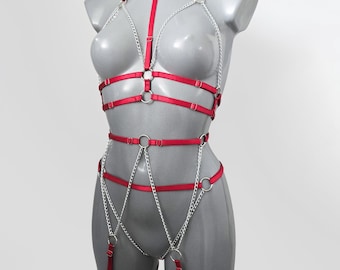 MISTRESS Scarlet Red Lingerie Set | Harness Style Strappy Bra and Belt for Women | Edgy Festival Bodywear