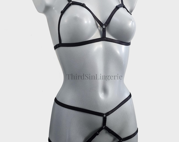 DITA Strappy Lingerie Set, Open Harness Style, Cupless Bra and Panty, Body Harness for Women