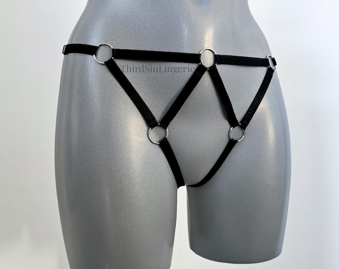 KARMA Crotchless Lingerie Panties, Strappy Open Underwear, Thigh Harness, Satin Knickers for Women