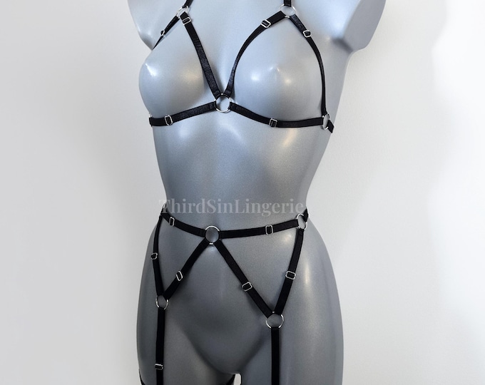 KARMA Strappy Harness Set, Cupless Bra and Garter Belt, Body Harness Lingerie, Festival Outfit