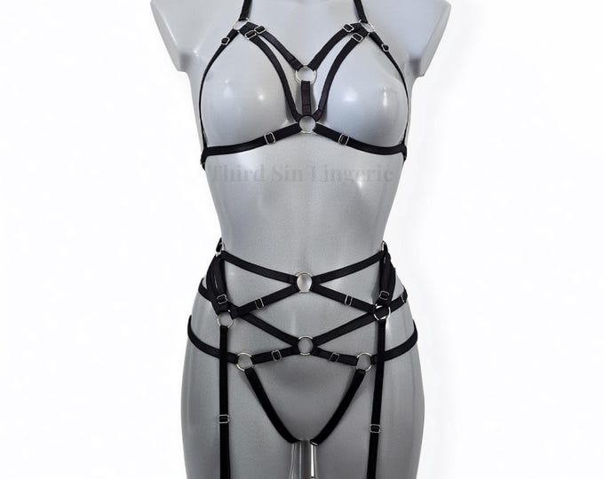 KISMET Lingerie Set | Adjustable Cupless Bra, Belt & Brief | Harness Style Festival Wear (3-Pieces)