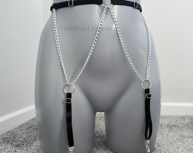 MISTRESS Chain Detail Suspender Belt, Adjustable Lingerie Harness for Stockings and Garters