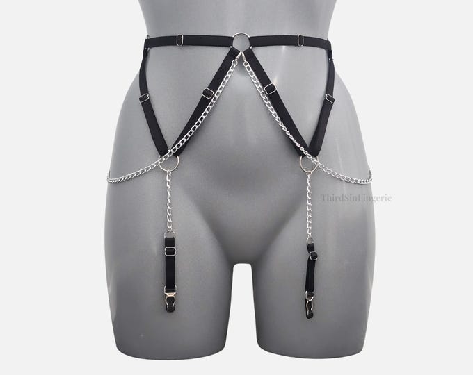 SULTRY Chain Belt | Adjustable Satin Harness Belt with Suspender Clips | Alternative Strappy Lingerie