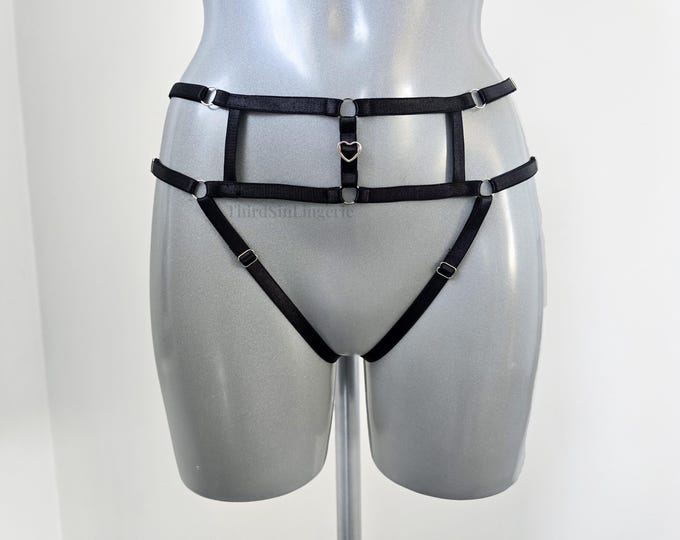 AMOUR Adjustable Harness Bottoms | Strappy Open Underwear with Heart Detail | Alternative Lingerie