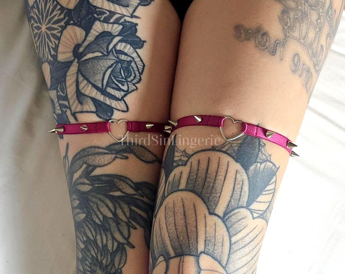 HEARTBREAKER | Studded Garters with Heart Pendant, Adjustable Accessories with Satin Finish, Single or Pair