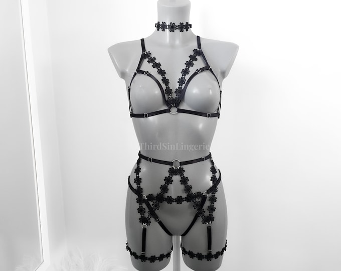 DAISY Floral Lace Harness Set | Adjustable 4-Piece Lingerie Set for Festival Rave Wear | Fully Custom