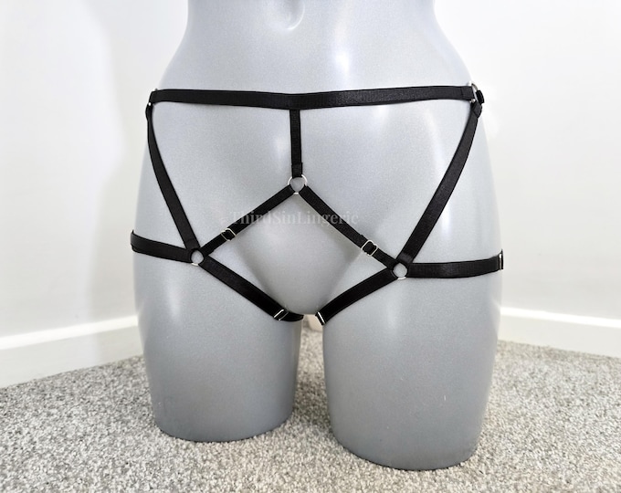 LILITH Crotchless Panties, Strappy Open Underwear, Satin Lingerie Harness, Plus Size Inclusive