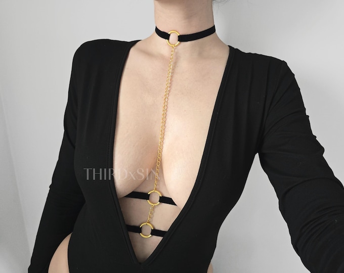 REIGN | Harness with Chains, Cupless Bra with Choker, Goth Alternative Fashion Accessory