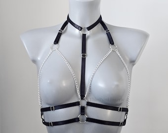 Reggiseno senza coppe con catene, lingerie con spalline e imbracatura per donna