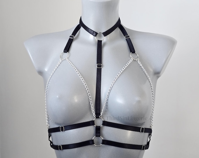 MISTRESS Cupless Bra with Chains, Strappy Lingerie Harness for Women