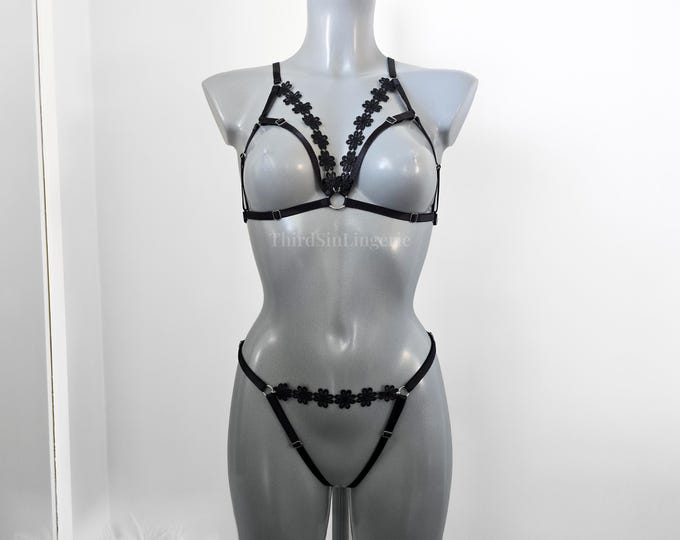 DAISY Floral Lace Harness Bralette & Brief Set | Adjustable Strappy Lingerie, Festival Wear