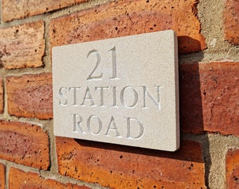 House Sign Natural Stone | Various Sizes | Deep Engraved Jesmonite | Personalised Plaque Custom Number Name Address Contemporary Modern