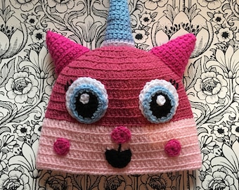 Unikitty inspired hat, hand crocheted, all sizes available from new baby to adult. Photography prop.