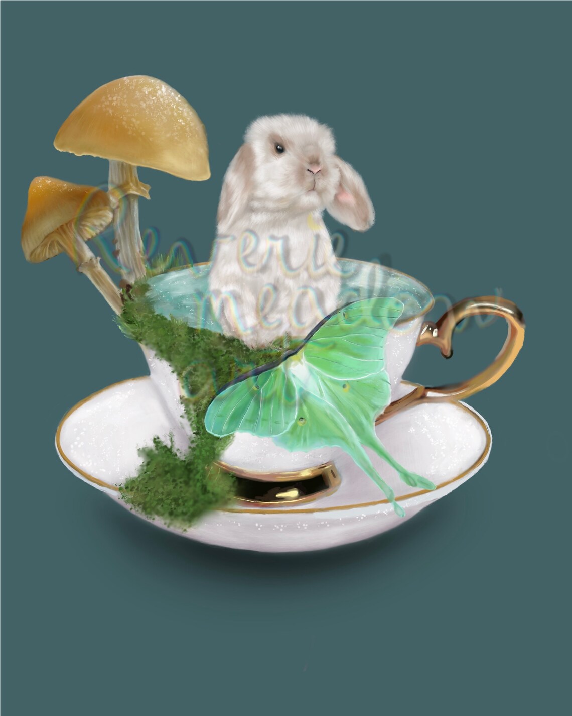 Cottagecore Bunny Mushroom Teacup Art Print Bunny Art Etsy