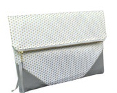 Gold spots clutch, bridal clutch, bridesmaid clutch, unique bridal idea, handmade clutch, gold spots, gold and grey, chic clutch, designer