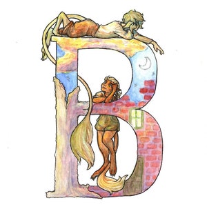 Letter B,Fantasy Alphabet Letters. Fantastical Creatures, Digital Print, Watercolor Print,