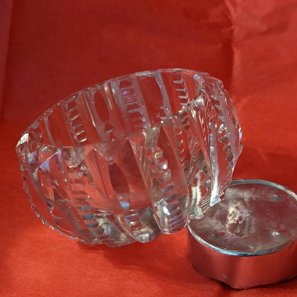 Crystal glass individual open salt cellar or tea light holder. Pressed glass with geometric pattern.