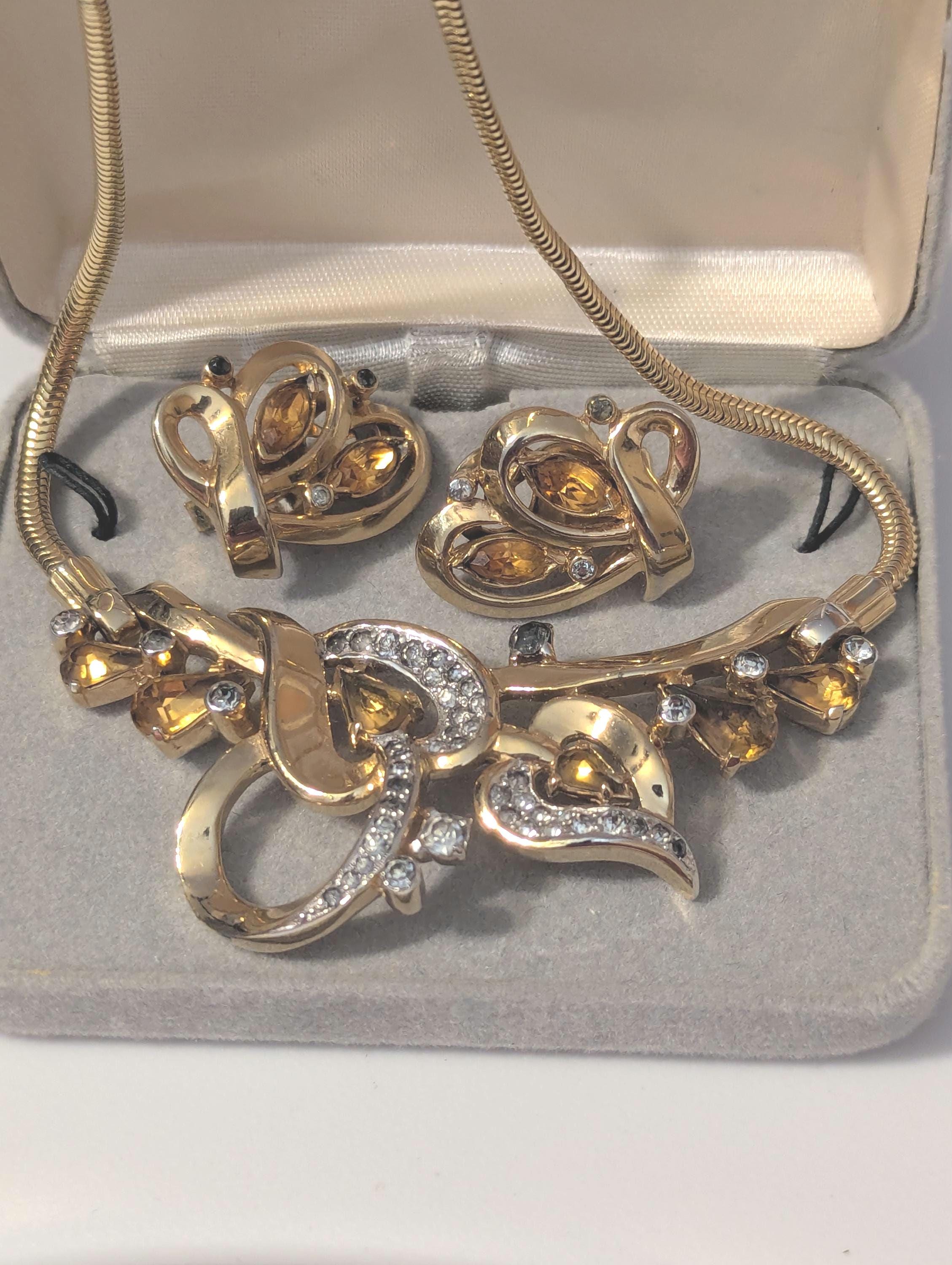 Mazer Brothers Art Nouveau Necklace and Earrings Gold Tone Yellow