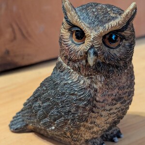 May include: A detailed figurine of an owl, featuring a brown and tan color palette. The owl has large, expressive eyes and textured feathers, with a focused, forward gaze. The figurine is perched on a wooden surface.
