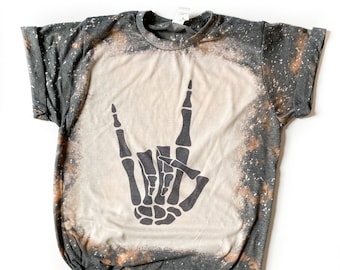 Camiseta unisex con estampado de mano de esqueleto desteñida - Camiseta Rock On