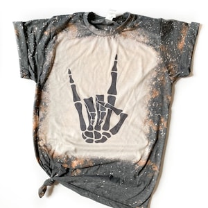 Rock On Tee - Skeleton Hand Tee - Bleached Tee - Halloween Tee