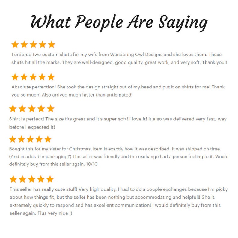 May include: Five-star reviews for a custom shirt shop. The reviews highlight the quality, design, and fast shipping of the shirts. The shop is described as having excellent communication and being accommodating.