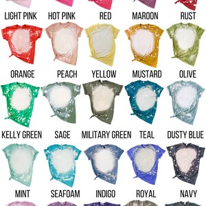 May include: A chart showing 20 different bleached tee shirt colors. The colors are arranged in rows and columns. The colors include light pink, hot pink, red, maroon, rust, orange, peach, yellow, mustard, olive, kelly green, sage, military green, teal, dusty blue, mint, seafoam, indigo, royal, navy, lilac, amethyst, purple, greige, and grey.