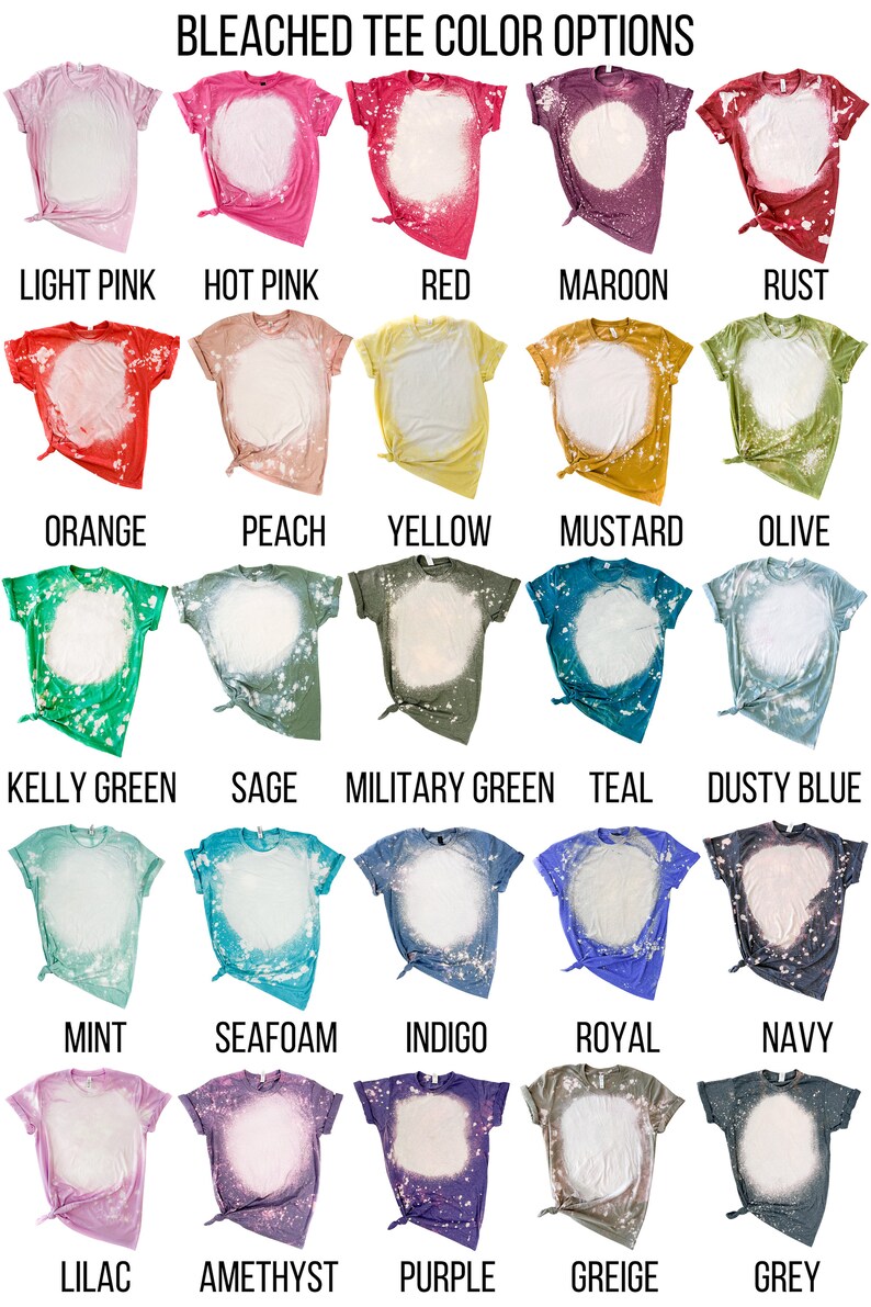 May include: A chart showing 20 different bleached tee shirt colors. The colors are arranged in rows and columns. The colors include light pink, hot pink, red, maroon, rust, orange, peach, yellow, mustard, olive, kelly green, sage, military green, teal, dusty blue, mint, seafoam, indigo, royal, navy, lilac, amethyst, purple, greige, and grey.