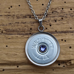 12 Gauge Shotgun Necklace. Nickel 12 Gauge Shotgun Shell Casings. Optional Cystals.