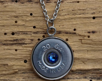 20 Gauge Shotgun Necklace. Nickel 20 Gauge Shotgun Shell Casings. Optional Swarovski Crystals.