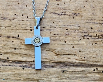 Stainless Steel Bullet Cross Necklace. Your Choice 9 mm Bullet. Optional Crystal.