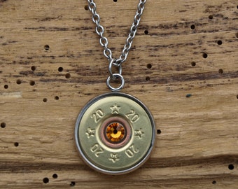 20 Gauge Shotgun Necklace. Brass 20 Gauge Shotgun Shell Casings. Optional Swarovski Crystals.