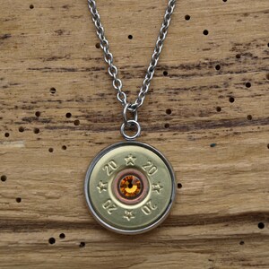 20 Gauge Shotgun Necklace. Brass 20 Gauge Shotgun Shell Casings. Optional Swarovski Crystals.