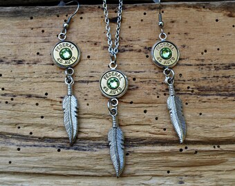 Metallic silver bullet necklace and painted feather earrings