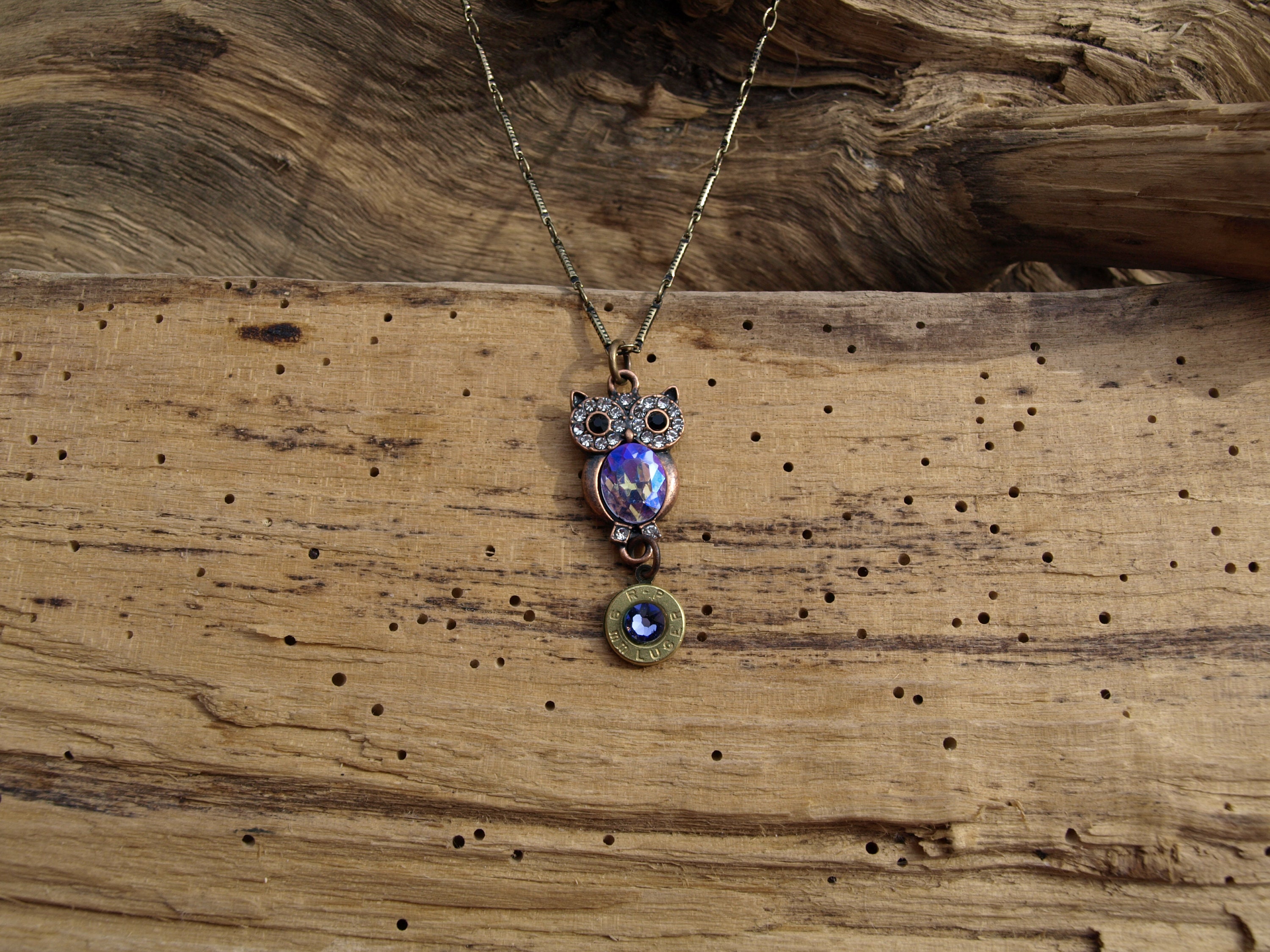 Antique Bronze/Iridescent Owl Necklace with Bullet Charm. Choose from Brass 9, 38, 357, or 40 Calibe