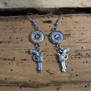 Handmade Stainless Bullet Earrings with Revolver Charms and 45 Auto Bullets. Optional Crystals Es679