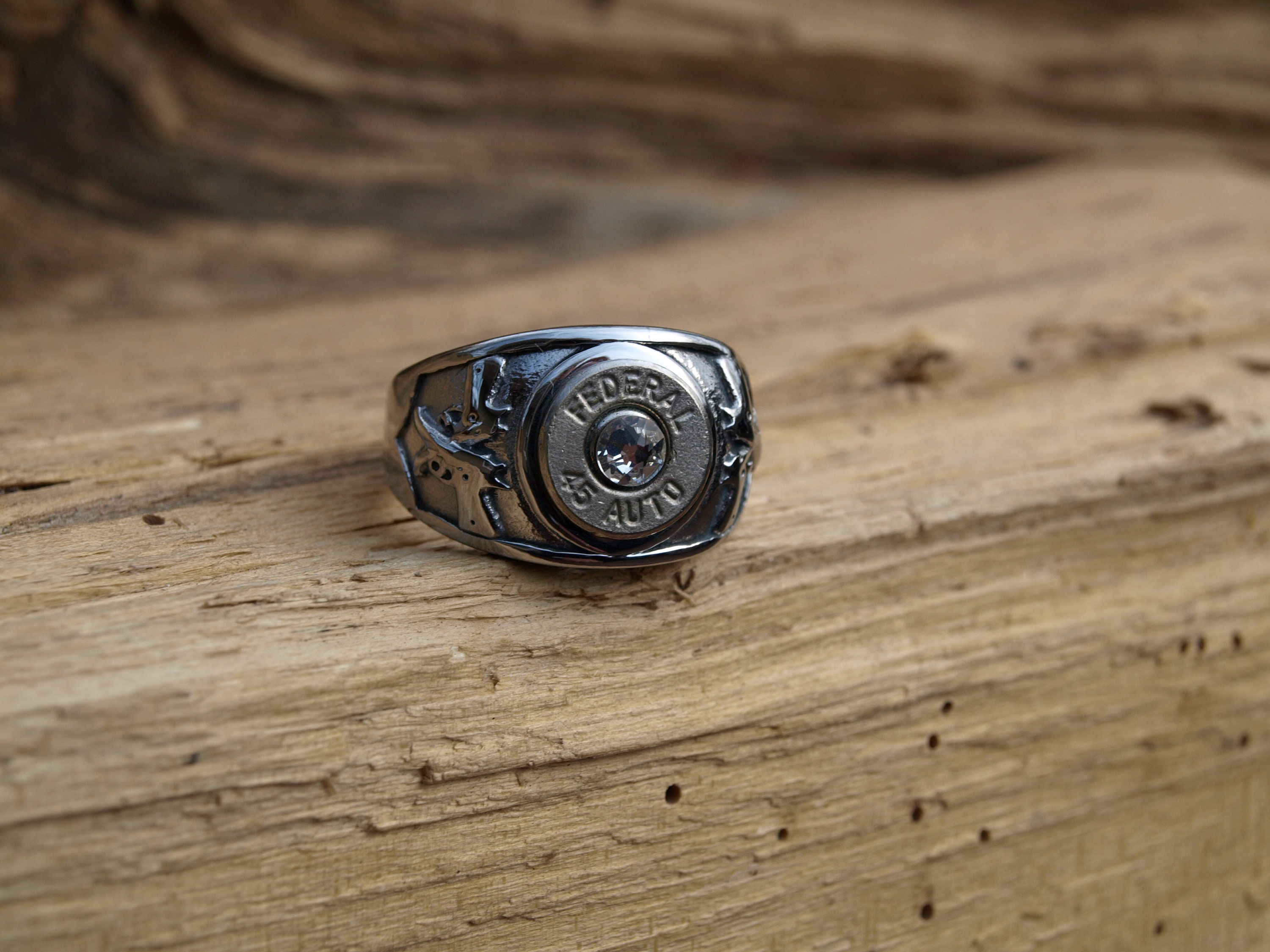 Stainless Steel Bullet Ring With Hand Guns and Nickel 45 Auto Bullets ...