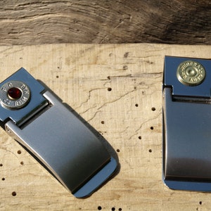 Hinged Stainless Steel Money Clip with Brass or Nickel 380, 9, 357, 38, 40, 44 or 45 Auto Bullet. Optional Crystal. A814
