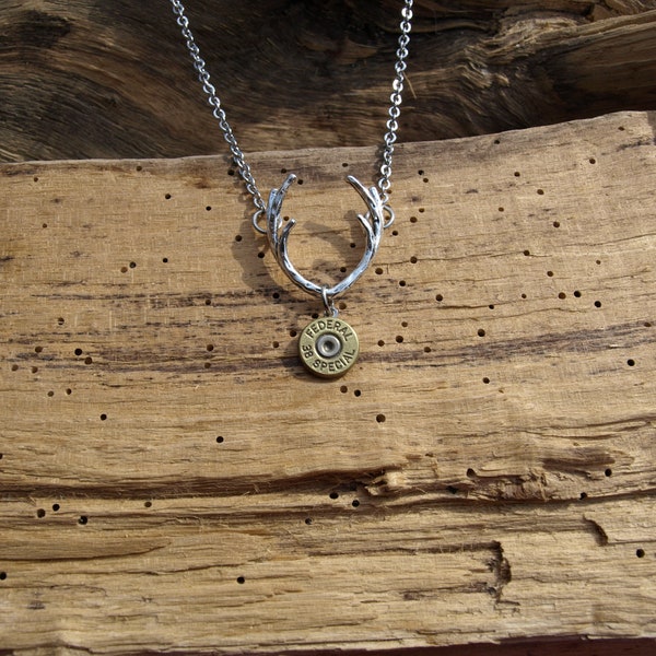 Deer Antler Pendant Necklace with Bullet Charm. Your Choice of 9, 38, 357 or 40 Caliber. Optional Crystal. N3013